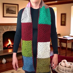 Retro Granny Square Crochet Scarf | Irish Handmade Scarf | Multicoloured with Maroon Trim | Colourful Vintage-Style Gift for Her