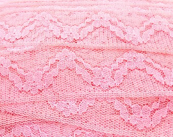 Pink lace trim 1.4 inches wide 1960s rayon lace semi synthetic lace floral pink ribbon vintage craft supplies