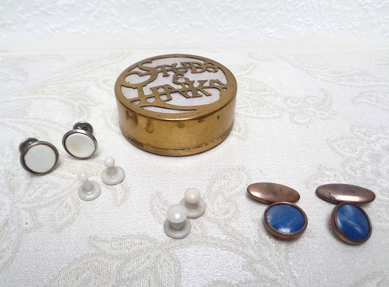 Antique box brass cufflink case for tuxedo studs and cufflinks including 4 sets of vintage mens links and studs