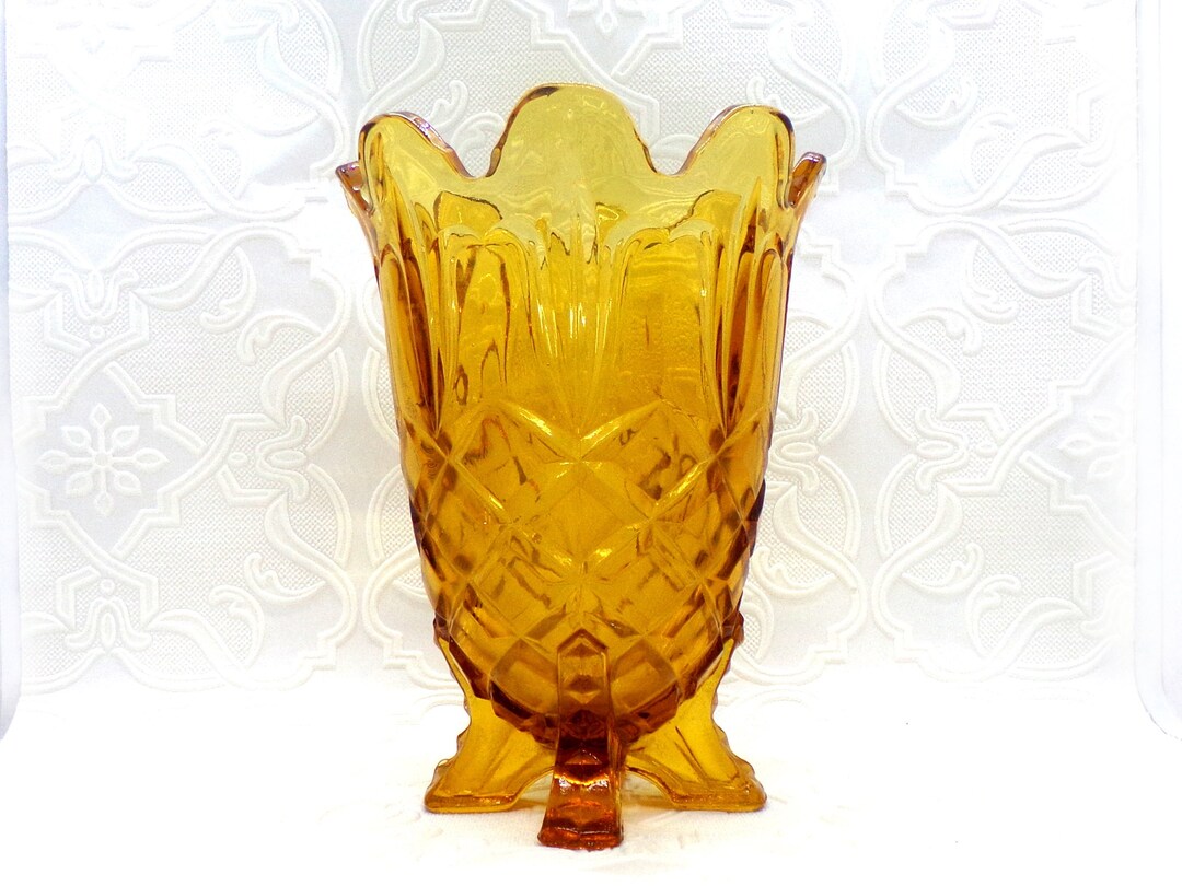 Amber Glass Flower Vase With Art Deco Scalloped Edges Etsy