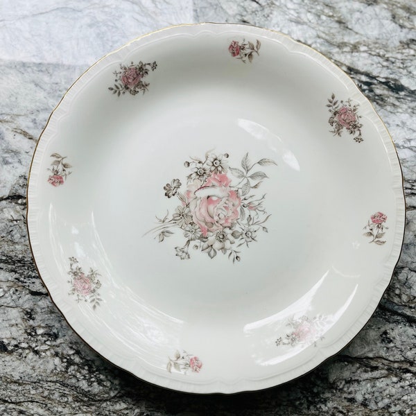 Large Plate Fine Bohemian China. Czechoslovakian Porcelain La Maria Pattern Pink & Gray Floral. Gold Trim Embossed. Thanksgiving Table Plate