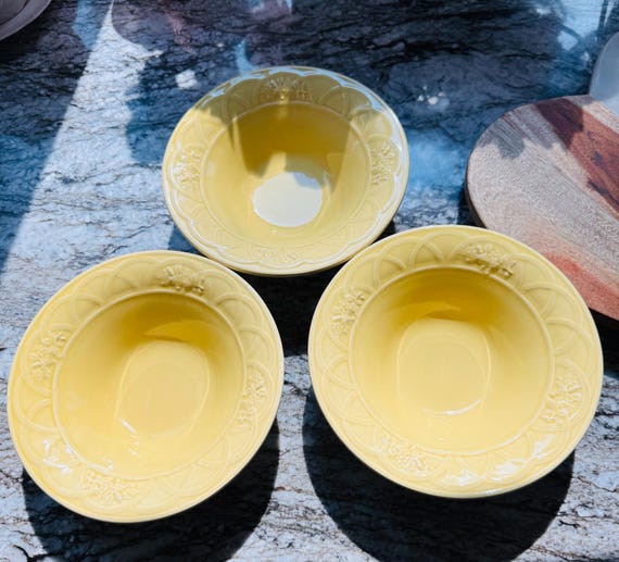 Set of 3 Vintage Bordallo Pinheiro Yellow Rimmed Soup Bowls. Embossed Flower & Basket Weave Pattern. Made in Portugal. Majolica. Sunny Decor