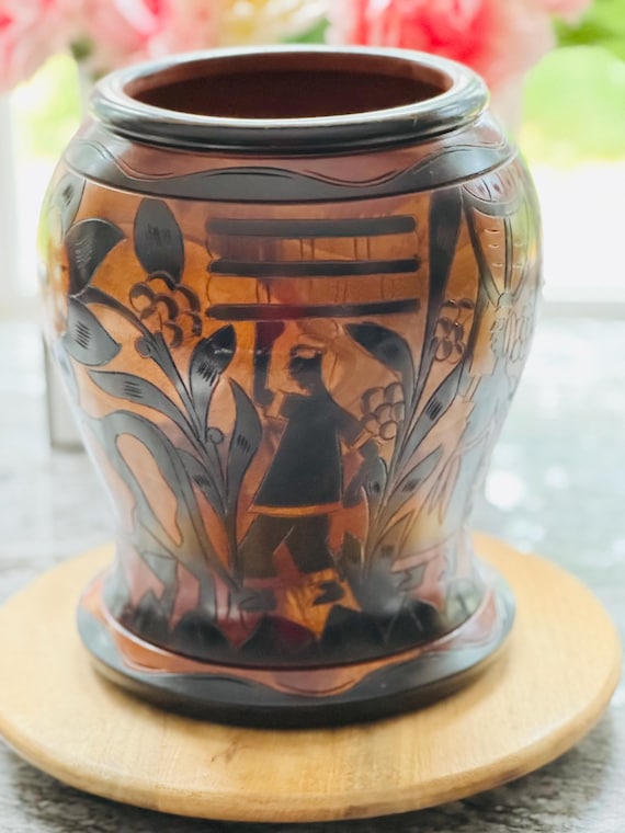 Haitian Carved Mahogany Vase: Cultural Village Scene, Tribal Decor