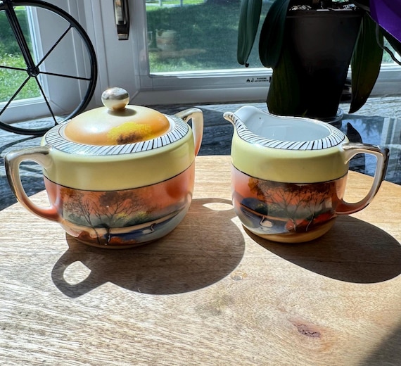 Antique Noritake Morimura Lusterware Creamer & Sugar Bowl Set, Red M in Wreath Stamp, Hand-Painted Sunset Scenic Landscape Japan, c. 1918-40