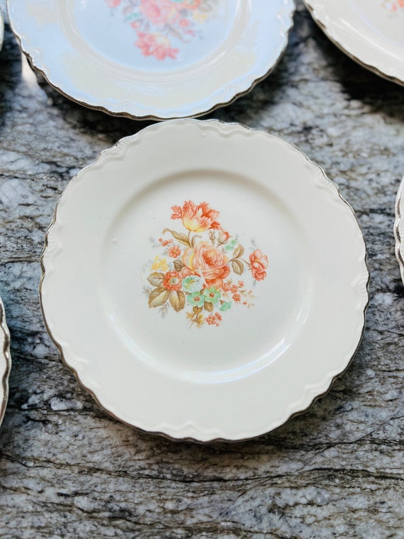 Set of 6 Raddison W.S. George. USA Made. Orange Rose Silver Lined Scalloped Small Plates. Replacement Dish. Brightly Colored Dish. Pretty!