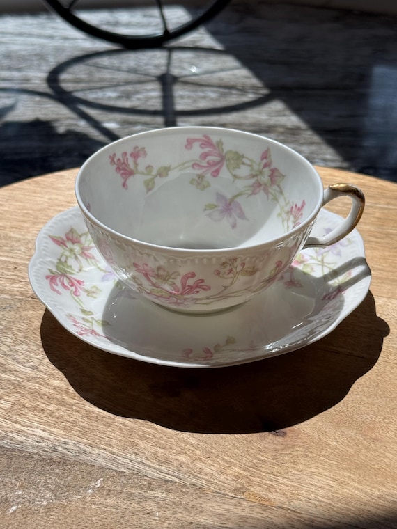 Haviland and Co. Limoges Teacup and Saucer Set. The Princess Pattern (Schleiger 57) Fine French Porcelain. c. 1894-1931. Shabby Chic Decor.