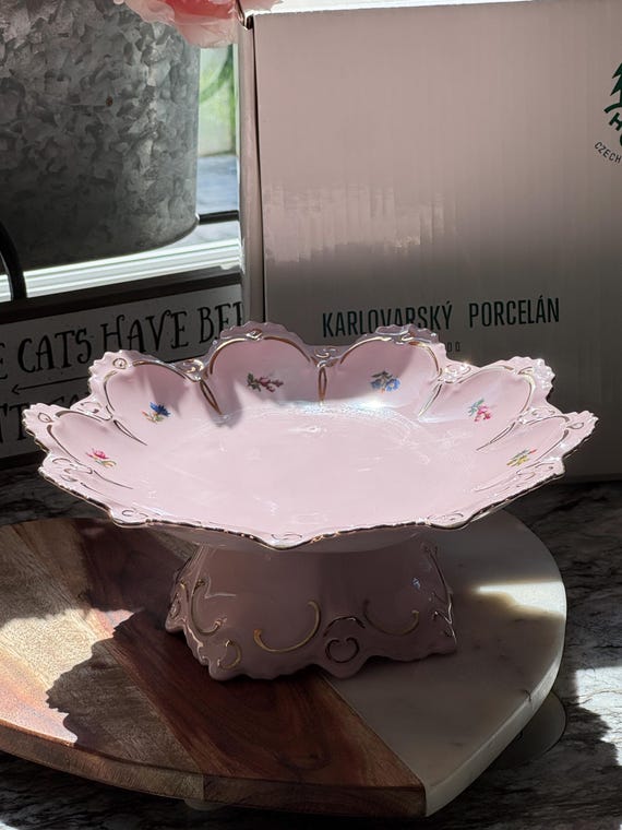 Vintage Chodov Pink and Gold Porcelain Pedestal Cake Stand. ORIGINAL BOX. H&C Karlovarský Czechoslovakia "Rosa Porzellan" Footed Serveware.