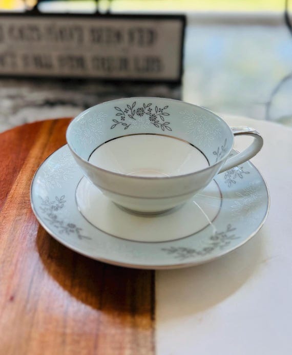 Noritake Blue Ridge Teacup and Saucer: Light Blue Silver Trim, Replacement Dish