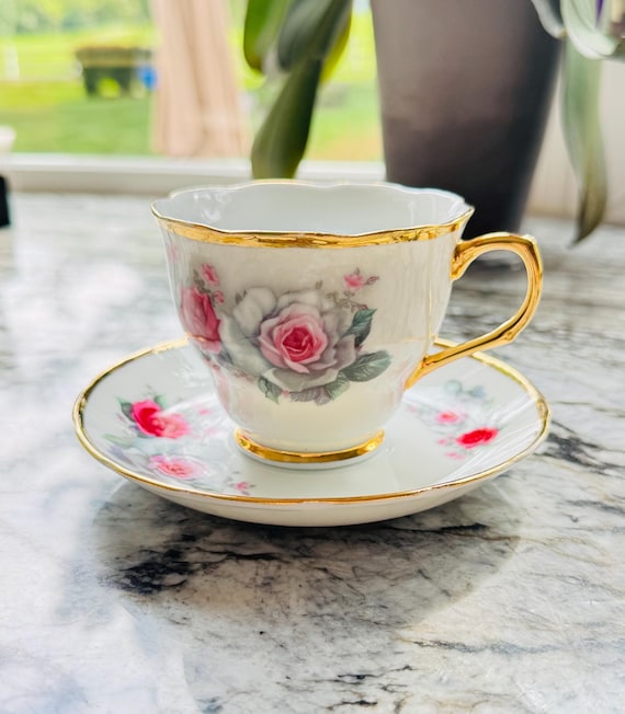 Gorgeous Vintage Pink & Gray Cabbage Rose Design Teacup and Saucer with Gold Gilt. Beautiful Display Teacup. Tea Lover Gift. French Country.