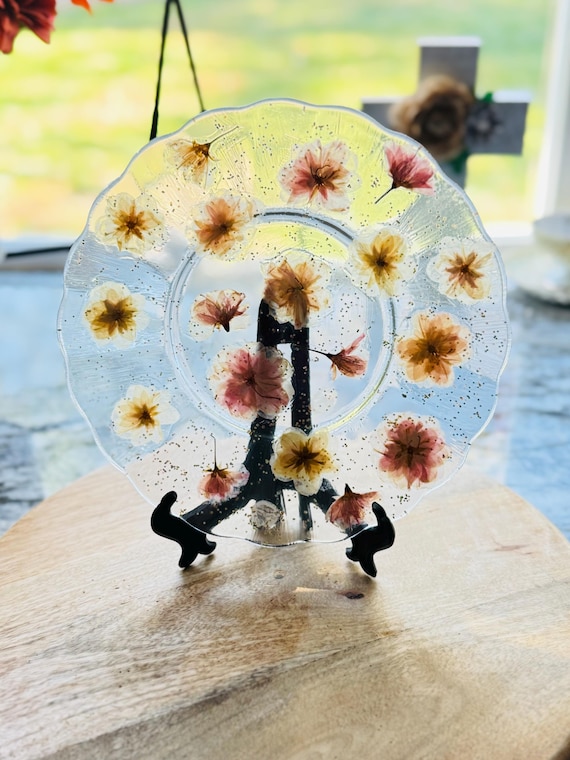 Beautiful Real Pressed Sakura or Wildflower Glass Dishes. Handmade Decoupaged Plates. Unique Gift to Give. Wall Plates. Dining. Beautiful.