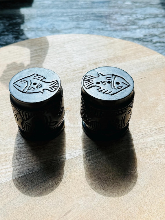 Vintage Handcarved Wooden Salt and Pepper Shakers: Tribal Fish Decor