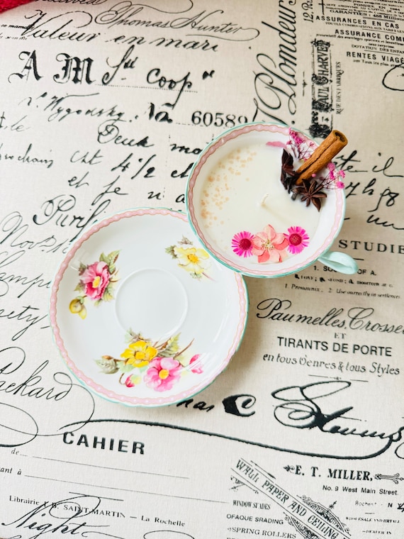 Vintage Shelley Teacup Candle: Chai Scented Soy Candle with Botanicals