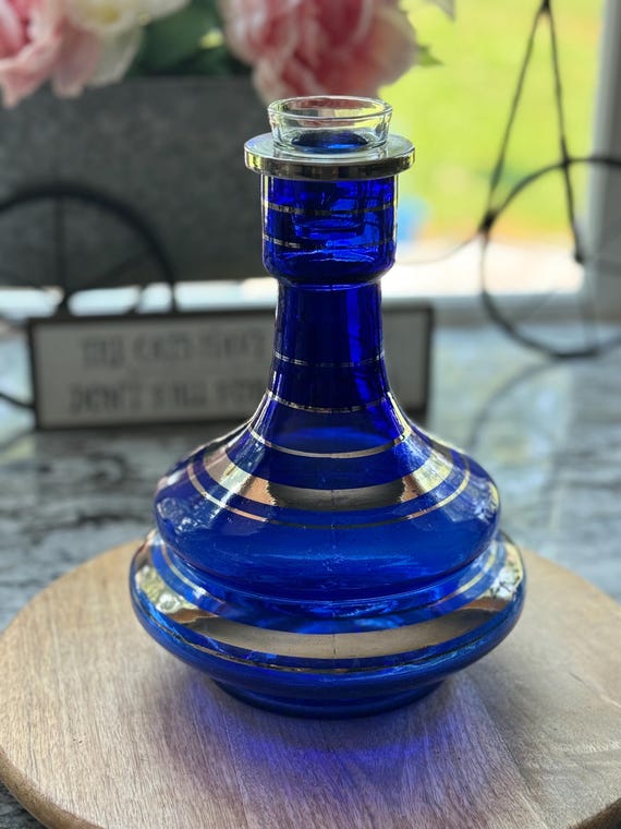 Vintage Cobalt Blue Glass Decanter. Silver Bands. Authentic Egyptian Mid Century Liquor Bottle Carafe. 2-Piece Barware. Clear Shot Glass Lid