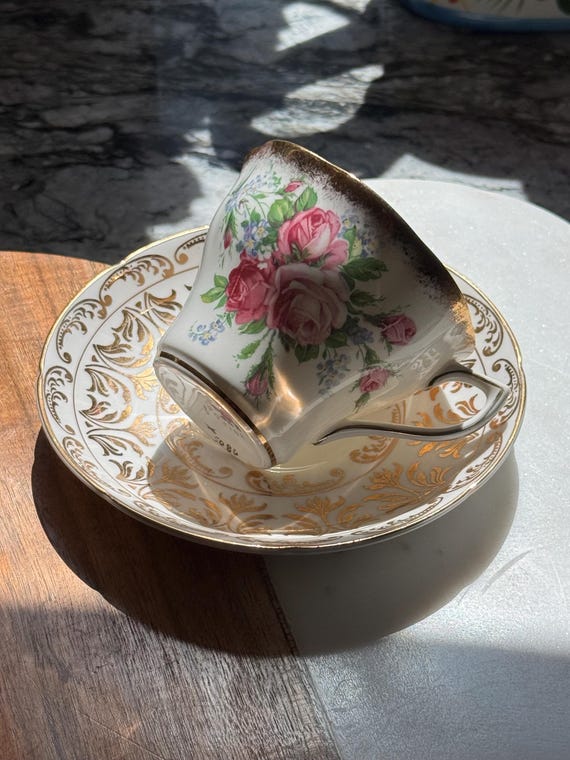 Vintage Royal Grafton Teacup & Rosina Saucer: Hand-Painted Roses, Gold Gilt