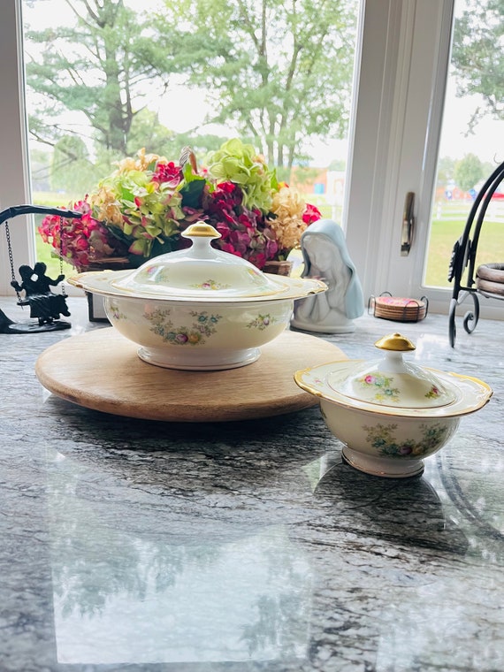 Vintage Meito Japan Vegetable Tureen / Covered Vegetable Dish and Pedestal Sugar Bowl. Formal Dining. Replacement Dish. Yellow Pattern