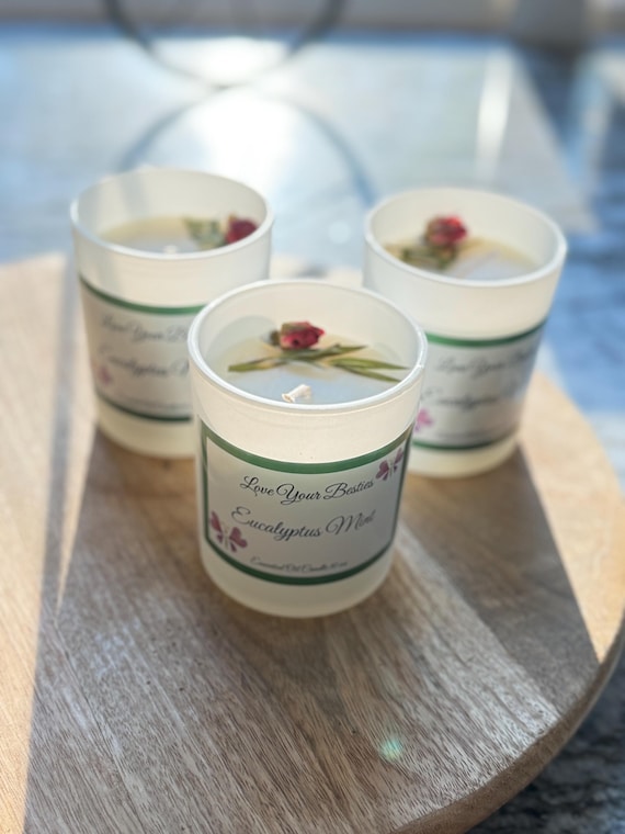 Eucalyptus Mint, Neroli, Strawberry Rose or Hibiscus Sage Soy Aromatherapy Essential Oil Candle. White Jar w/ Wood Lid 5 Oz. Natural. Decor.