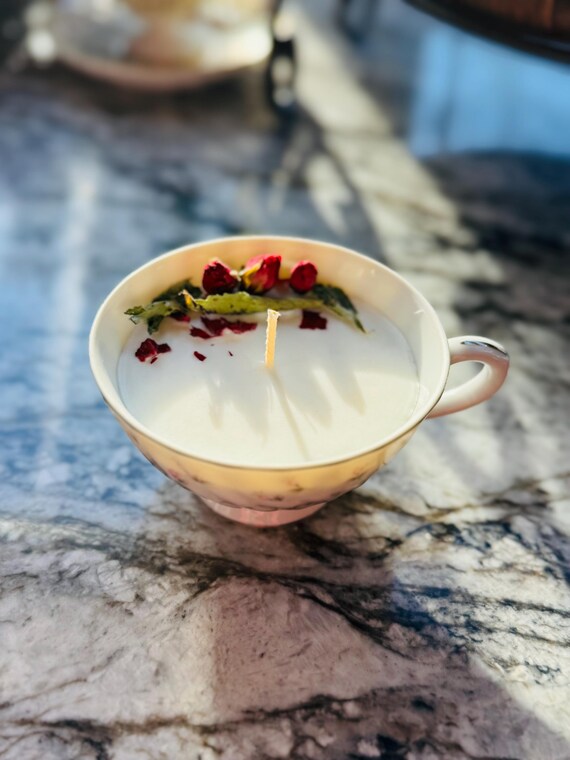 Eucalyptus Mint Essential Oil Hand Poured Soy Homemade Teacup Candle. Vintage Home Decor. Gift For Her. Christmas Gifting. Natural Candle.