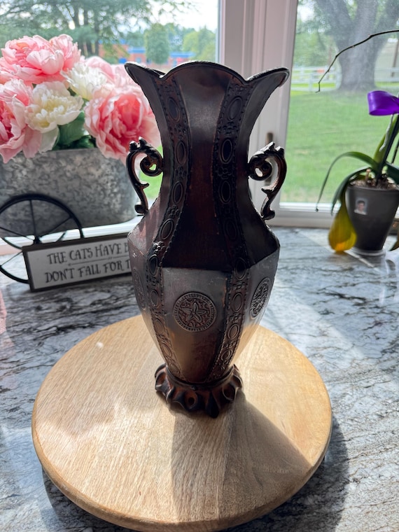 Vintage Ornate Embossed Metal Vase w/ Handles 13" Six-Sided Hexagonal Decorative Urn, Rustic Red-Brown Bronze/Copper Tone, Gothic Farmhouse