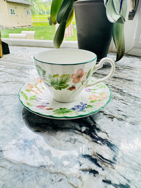 Beautiful Vintage 1990's Johnson Bros England "Cherry Blossoms" Teacup and Saucer. Fluted Cup Design. Fruit Pattern. French Country Decor.
