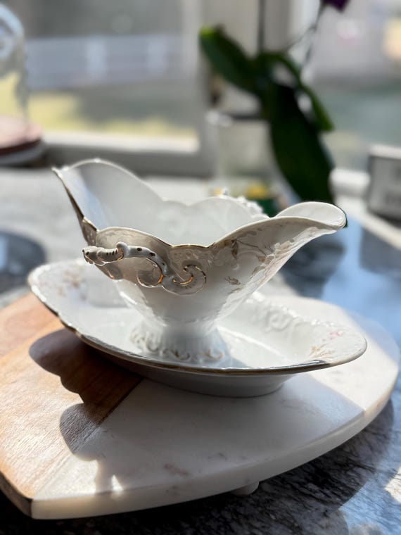 Stunning Double Handled Embossed Antique Gravy Boat With Gold Gilt and Scrollwork. Numbered. Hand-Painted Design. Shabby Chic. Victorian.