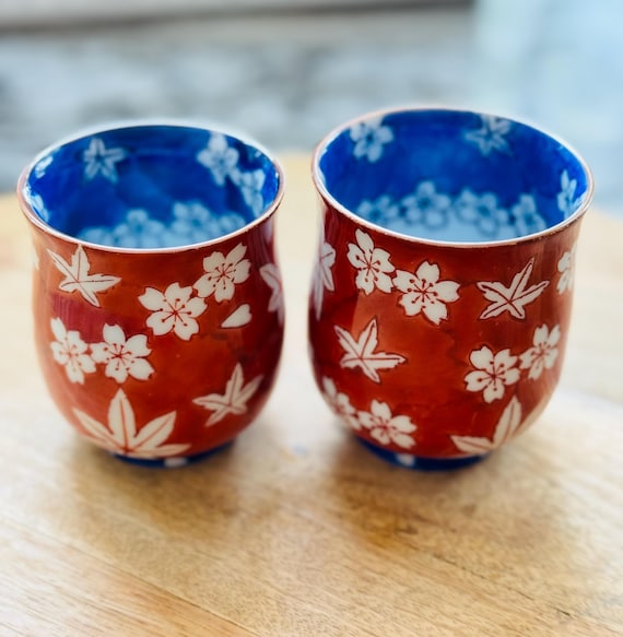 Vintage Arita Yaki Porcelain Yunomi Tea Cups Pair, Hand-Painted Japanese Sakura Cherry Blossom & Maple Leaves. Blue, Red and White Motif.