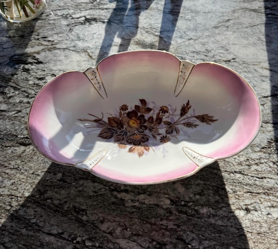 Antique RS Prussia Style Porcelain Serving Bowl - Lily Mold - Pink & Gold Gilt Floral - German Victorian Bone China - Scalloped Edge Center