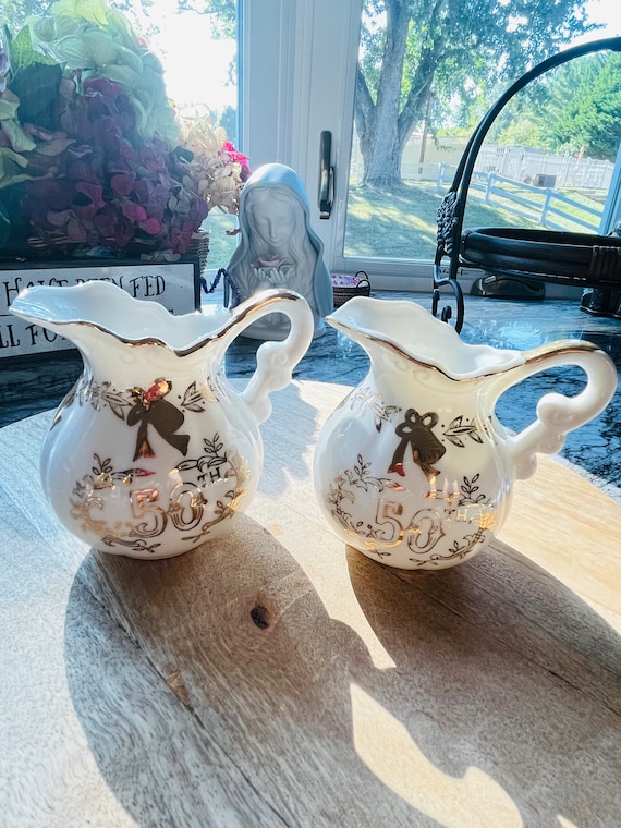 Lefton Porcelain Mini Pitchers: 50th Anniversary Set, Gold Trim