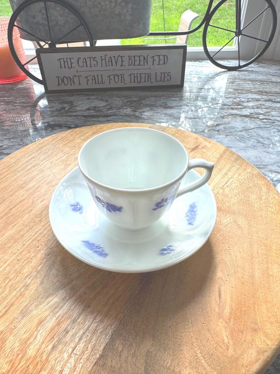 Antique Adderley England Blue Chelsea Teacup and Saucer Set. Fine Bone China.  Lavender Blue Raised Floral Sprigs & Embossed Fluted panels.