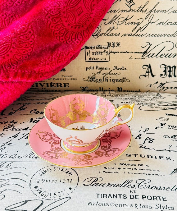 Vintage Aynsley Teacup and Saucer: Pink Floral, Gold Gilt, Artist Signed