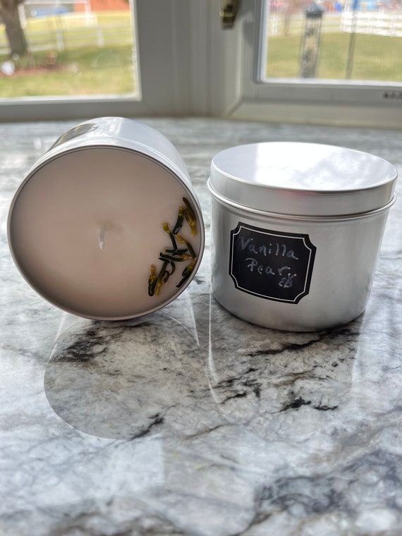Calming Homemade 8 oz Essential Oil Candle Tins. 100% Hand-Poured Soy Wax. Lavender, Rose, Vanilla Pear, Forest. Clean Burn