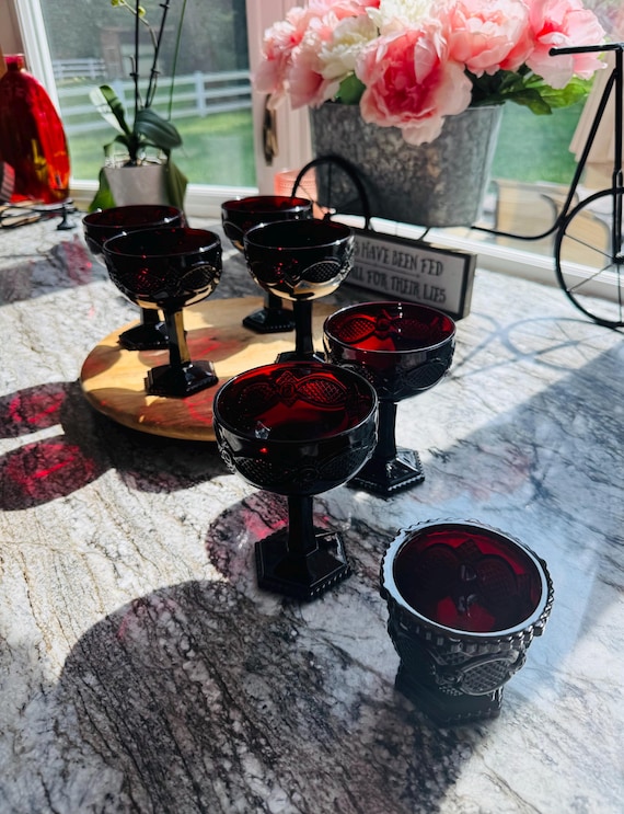 Vintage Avon 1876 Cape Cod Ruby Red Claret Glasses Set of 6 WITH Matching Votive Candle Holder. 7-Piece Holiday Hosting Set, or Gothic Table