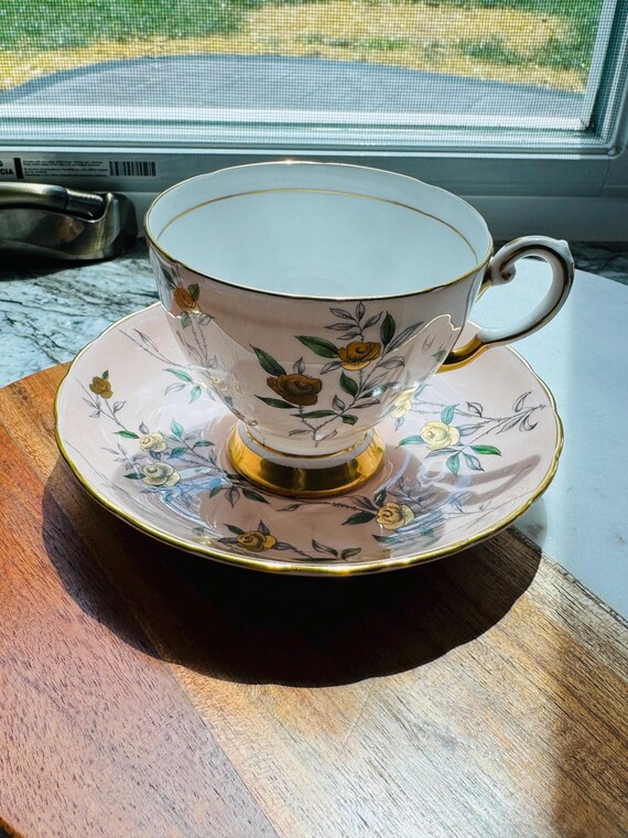 Vintage Pink Tuscan Fine Bone China Teacup and Saucer: Features Soft Pink Roses, Gold Detailing and Trim. French Country Decor. Gift for Her