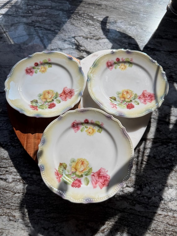 Vintage German Silesia Plate: Cabbage Roses, Pale Yellow, Victorian Decor