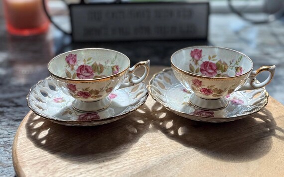 Vintage Cherry China Teacups and Saucers Pair, Pink Moss Rose Pedestal Cups, Gilded Rim Pierced & Reticulated Heart Saucers. Made in Japan.