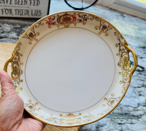 Antique Noritake Morimura Double Handled Cake Plate, Encrusted Gold Moriage Scroll & Floral Medallions, Porcelain Serving Tray c. 1911-1940s