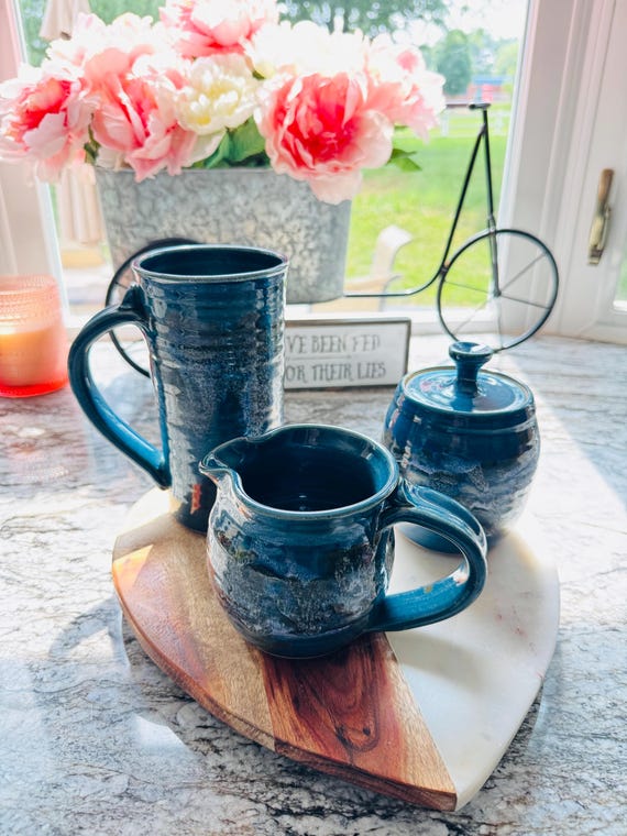 Handmade Studio Pottery Breakfast Set. 3-Piece Cobalt Blue Glazed Stoneware. Tall Pitcher, Creamer Jug & Lidded Sugar Bowl. Signed Rusty '09