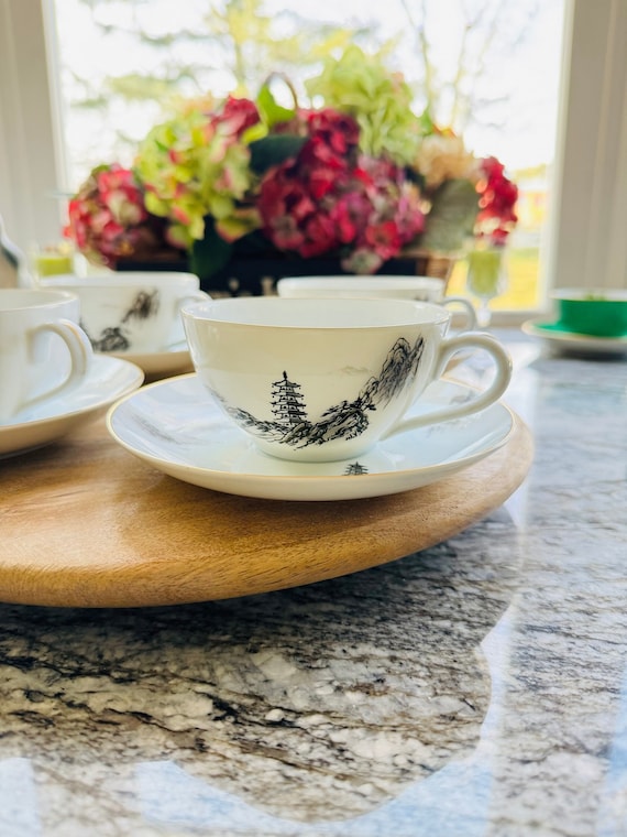 Vintage Fukagawa Arita Teacup and Saucer: Hand-Painted Japanese Mountain Scene