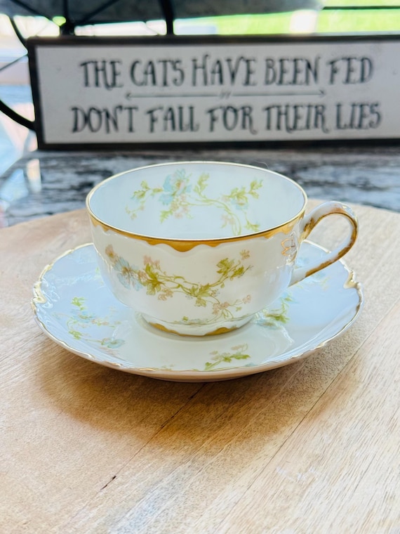 Antique Haviland Limoges Teacup and Saucer Set, Fine French Porcelain, Blue Forget Me Nots Floral, Scalloped Gold Gilt Rim, c. 1890-1920