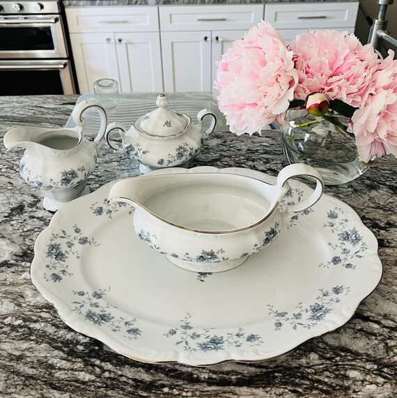 Johann Haviland Blue Garland Platter, Gravy Boat, Creamer, & Sugar Bowl Set. Beautiful Blue and White Formal Serving Set. French Porcelain.