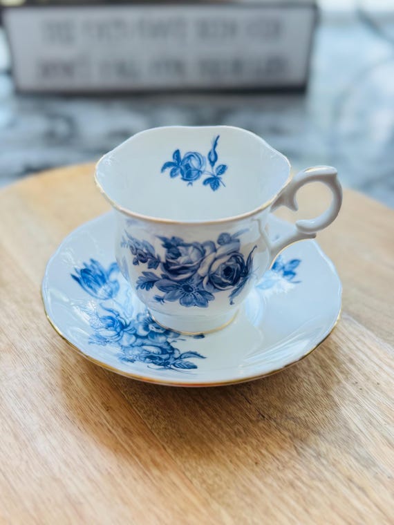 Vintage Crown Staffordshire Blue Rose Teacup and Saucer Set, Fine Bone China. England. Cottagecore Tea Party Decor, Gold Gilt Scalloped Edge