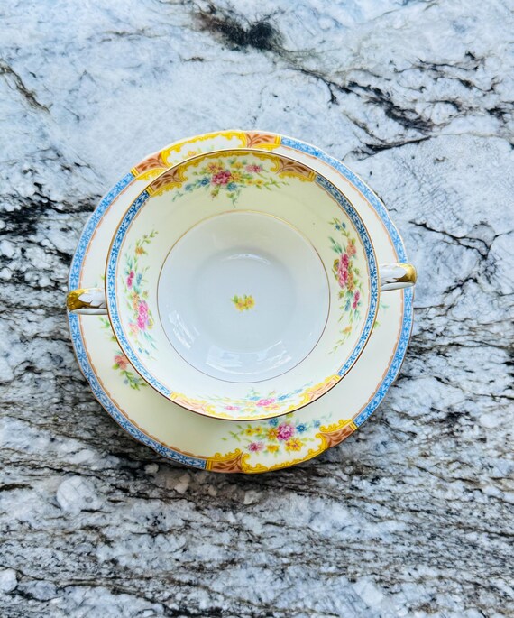 Rare Vintage Black Knight China Teacup and Saucer Set - Cecelia Blue Pattern 1195 - Waldenburg Studios Bavaria Germany - Fine Porcelain