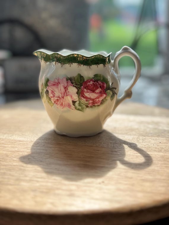 Antique Z.S. & C. Bavaria Porcelain Rose Creamer – "Mignon" Pattern, Green w/ Gold Scalloped Rim Pitcher, Early 1900s Cottagecore Tea Decor.