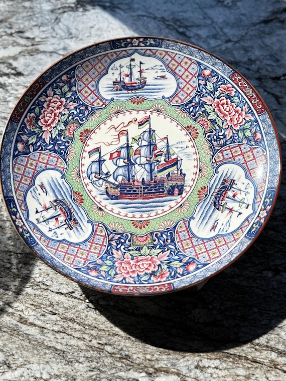 Arita Ware. Japanese Toyo Large 12" Plate. Beautiful Room Decor. Large Ship Sailing with Mountains and Flowers. Wall Plate. Suzunan Kiln.