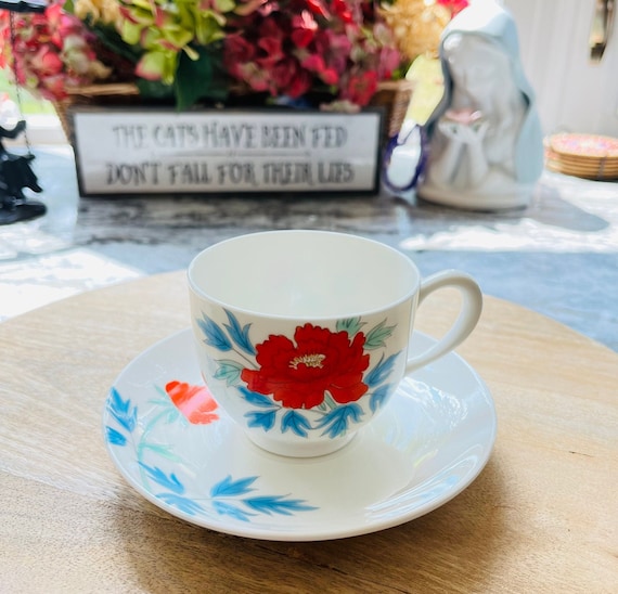Vintage Nippon Toki Kaisha Bone China Teacup and Saucer: Red Floral Design