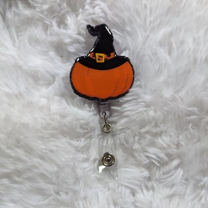 Pumpkin with Witch Hat Badge Reel | Retractable Badge Reel | ID Badge Reel | ID Holder | Belt Clip