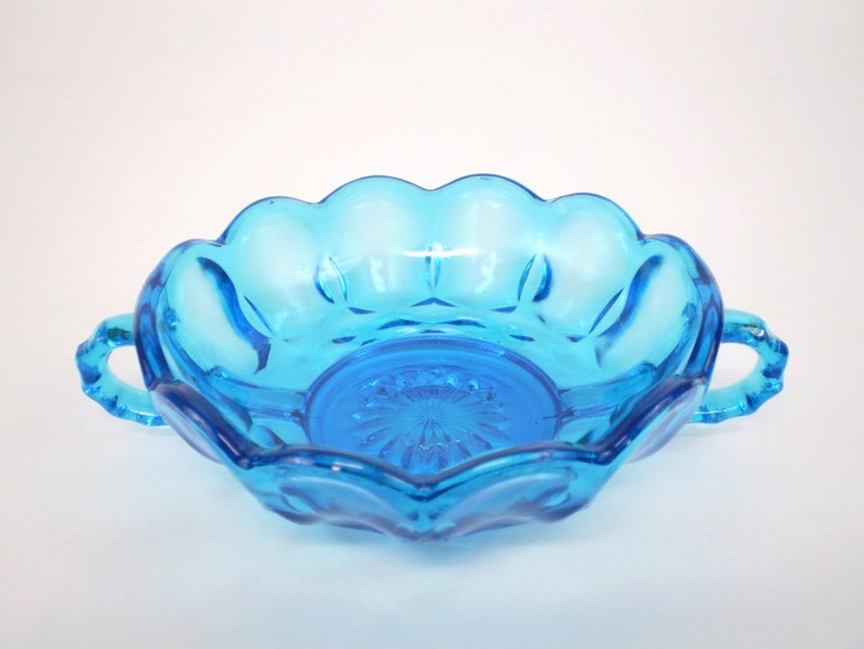 Vintage Blue Glass Candy Dish Nut Bowl Pressed Condiment Anchor Hocking
