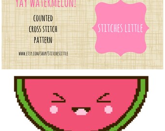 Kawaii Cross Stitch Pattern - Modern Cross Stitch - Kawaii Watermelon - PDF Pattern -  Instant Download