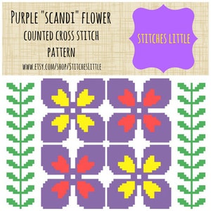 Retro Modern Cross Stitch Pattern - Scandi Cross Stitch - Ondori Cross Stitch - Purple Scandi Flower - PDF Pattern - Instant Download
