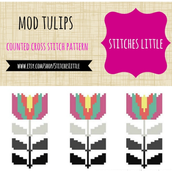Retro Modern Cross Stitch Pattern - Scandi Cross Stitch - Ondori Cross Stitch - Mod Tulips - PDF Pattern - Instant Download