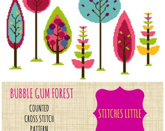 Forest Cross Stitch - Modern Cross Stitch Pattern - Bubble Gum Forest - PDF - Instant Download